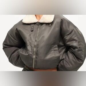 Lioness Gray Bomber Jacket with Cream Collar